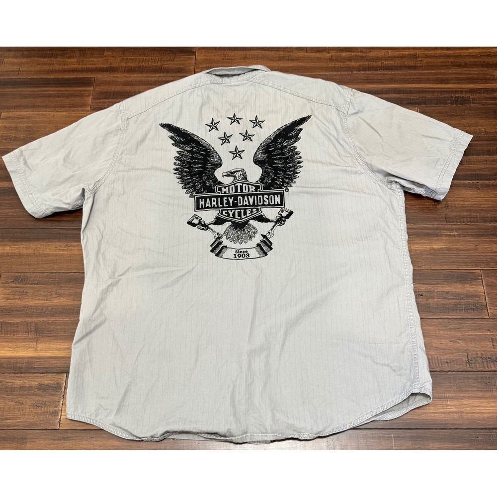 Harley Davidson Mens XL Gray Short Sleeve Eagle Graphic Western Button Down Shir